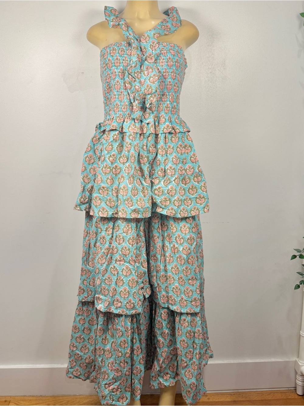 Fancy Smocked Tiered Ruffle Maxi Dress Sz L Fairycore Cotton Cottagecore Prairie